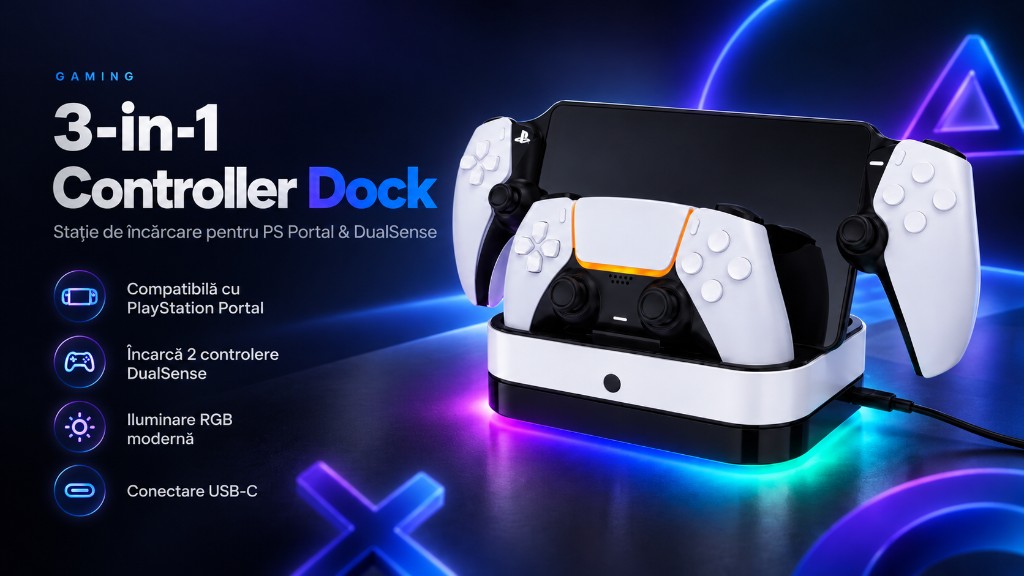 Controller Dock 3-in-1. Stație de încărcare pentru PS Portal și două controllere DualSense, iluminare RGB, conectare USB-C.