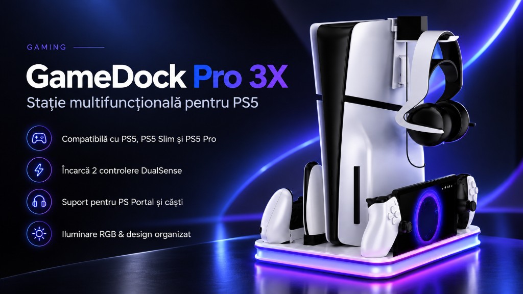 GameDock Pro 3X. Stație multifuncțională pentru PS5, cu încărcare pentru două controllere, suport pentru PS Portal și căști, iluminare RGB.