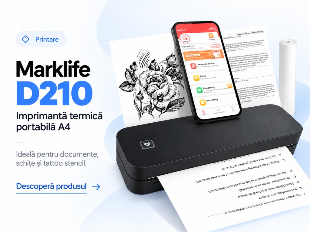 Marklife D210. Imprimantă termică portabilă A4. Ideală pentru documente, schițe și tattoo stencil.