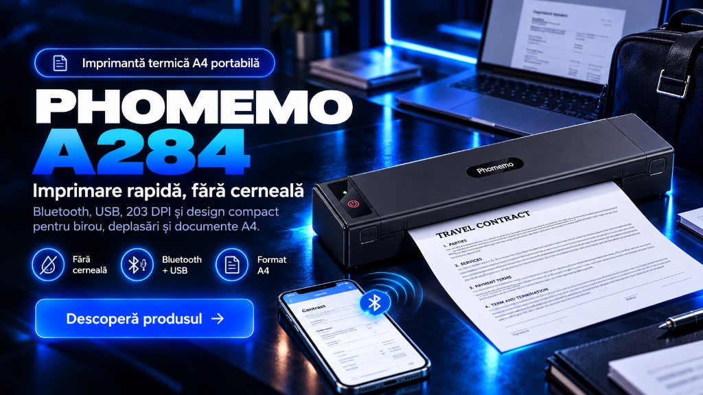 Phomemo A284. Imprimantă termică A4 portabilă. Imprimare rapidă, fără cerneală. Bluetooth, USB, 203 DPI și format A4.