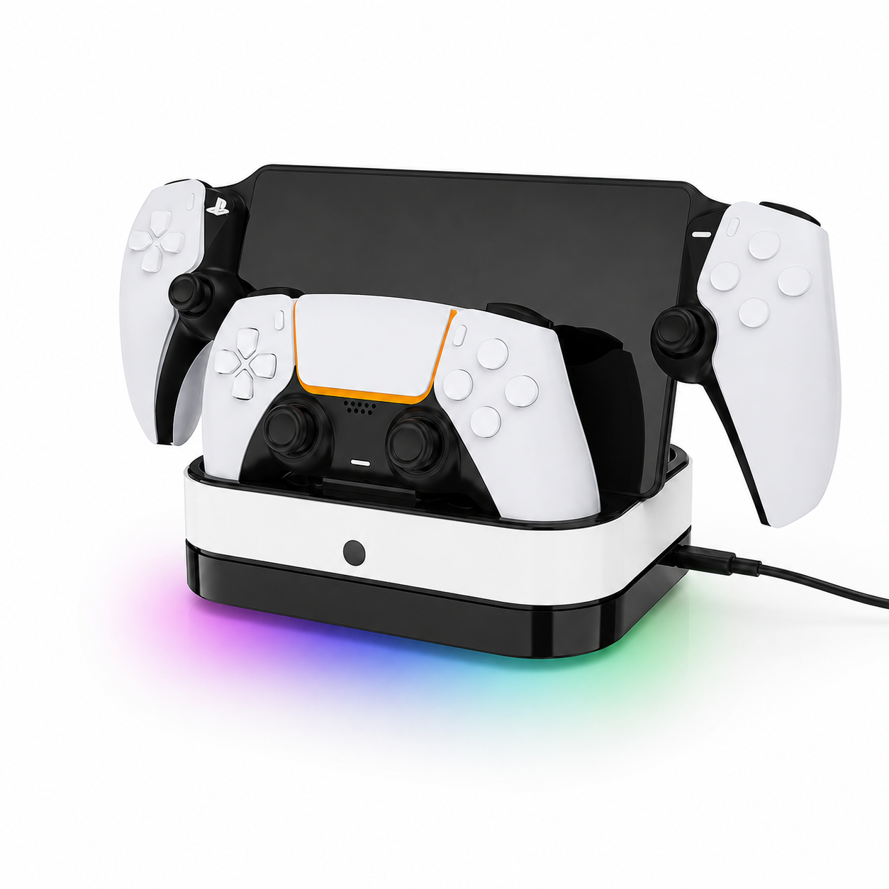 Statie de incarcare PS5 Controller Dock 3 in 1, pentru PlayStation Portal si Doua Controlere PS5 DualSense, Iluminare RGB, USB-C, Alb